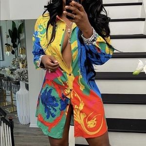 Multi color printed button down dress